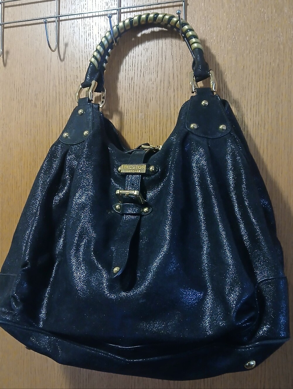 Halston Heritage Black Shimmer Leather Slouchy Hobo Bag - Gold Hardware